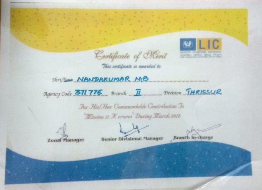 nandakumar lic financial planner merit-certificate achievment